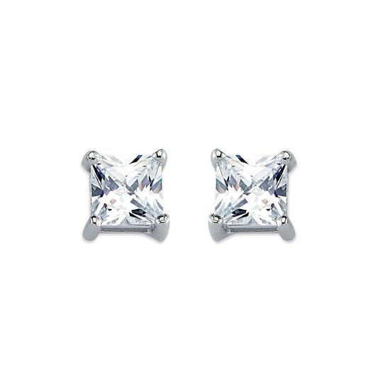 Womens Rhodium Silver  Princess CZ Solitaire Stud Earrings 7mm - AES056B