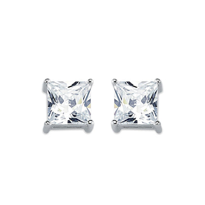 Womens Rhodium Silver  Princess CZ Solitaire Stud Earrings 8mm - AES056C