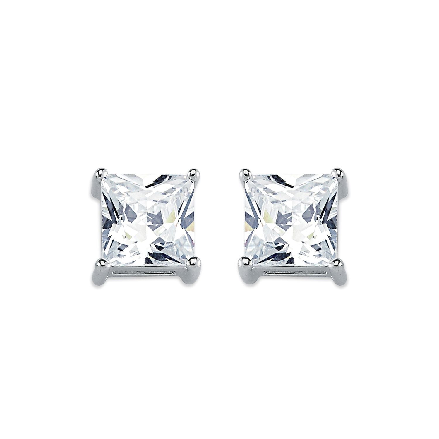Womens Rhodium Silver  Princess CZ Solitaire Stud Earrings 8mm - AES056C