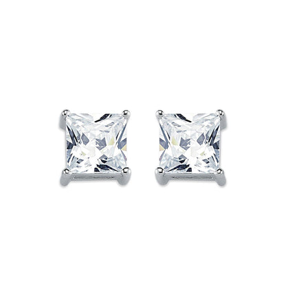 Womens Rhodium Silver  Princess CZ Solitaire Stud Earrings 8mm - AES056C