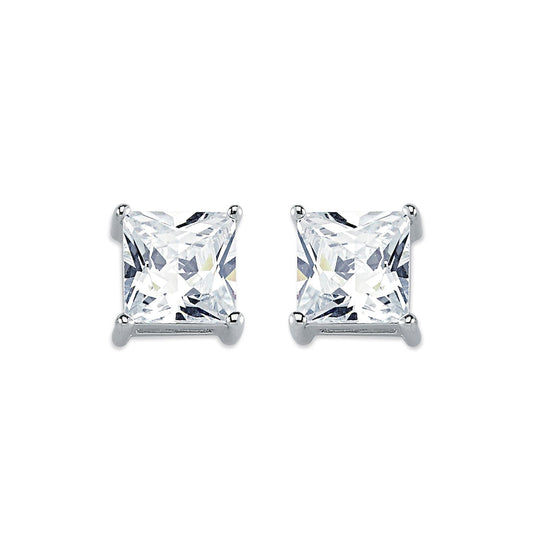 Womens Rhodium Silver  Princess CZ Solitaire Stud Earrings 8mm - AES056C