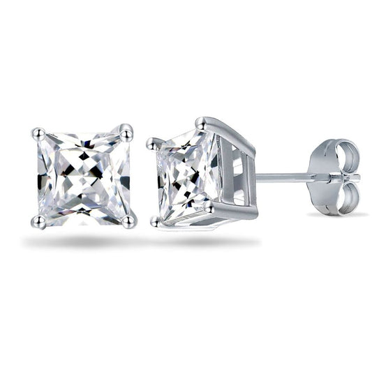 Womens Rhodium Silver  Princess CZ Solitaire Stud Earrings 5mm - AES056