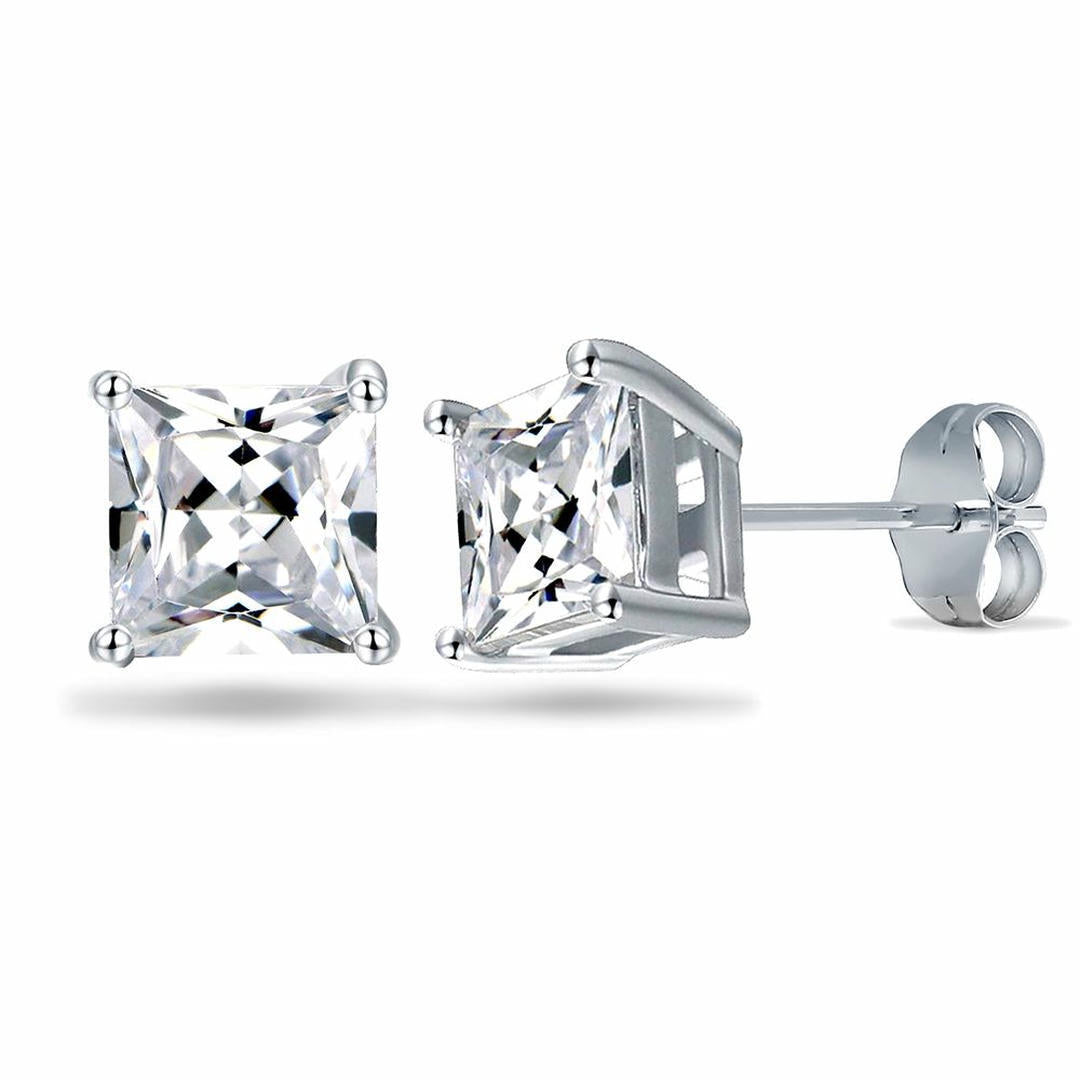 Womens Rhodium Silver  Princess CZ Solitaire Stud Earrings 5mm - AES056