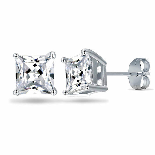Womens Rhodium Silver  Princess CZ Solitaire Stud Earrings 5mm - AES056