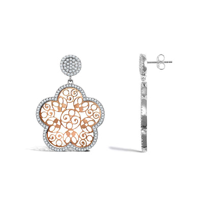 Silver  Rose Gold-Plated Micro Pave CZ Daisy Flower Drop Earrings - AES111