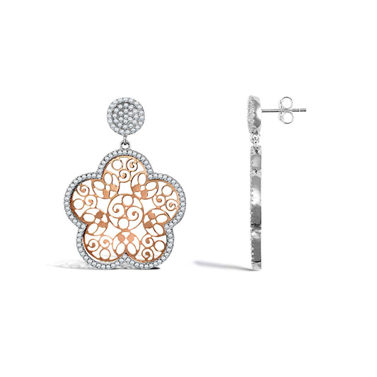 Silver  Rose Gold-Plated Micro Pave CZ Daisy Flower Drop Earrings - AES111