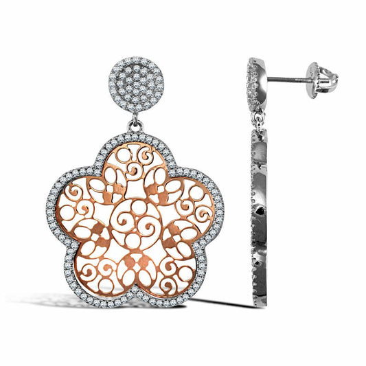Silver  Rose Gold-Plated Micro Pave CZ Daisy Flower Drop Earrings - AES111