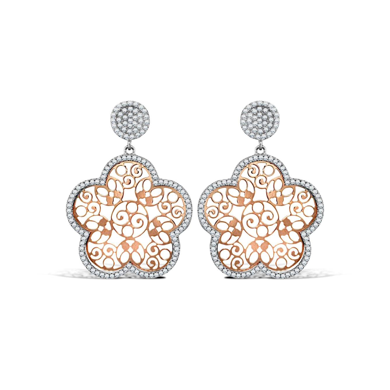 Silver  Rose Gold-Plated Micro Pave CZ Daisy Flower Drop Earrings - AES111
