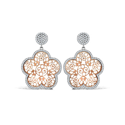 Silver  Rose Gold-Plated Micro Pave CZ Daisy Flower Drop Earrings - AES111