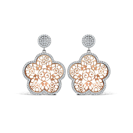 Silver  Rose Gold-Plated Micro Pave CZ Daisy Flower Drop Earrings - AES111