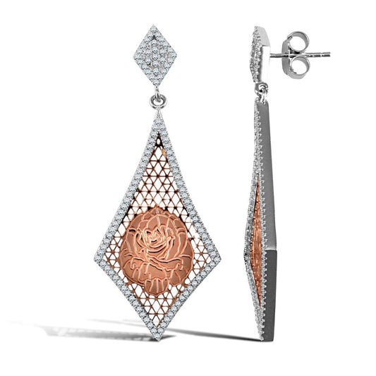 Silver  Rose Gold-Plated Micro Pave CZ Kite Shape Drop Earrings - AES112