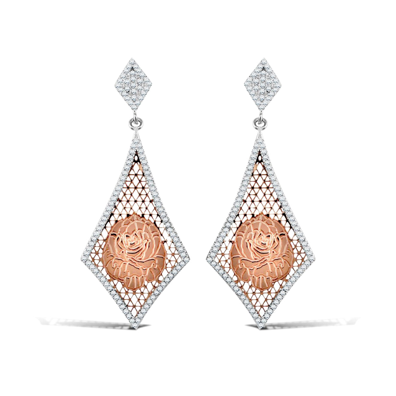 Silver  Rose Gold-Plated Micro Pave CZ Kite Shape Drop Earrings - AES112
