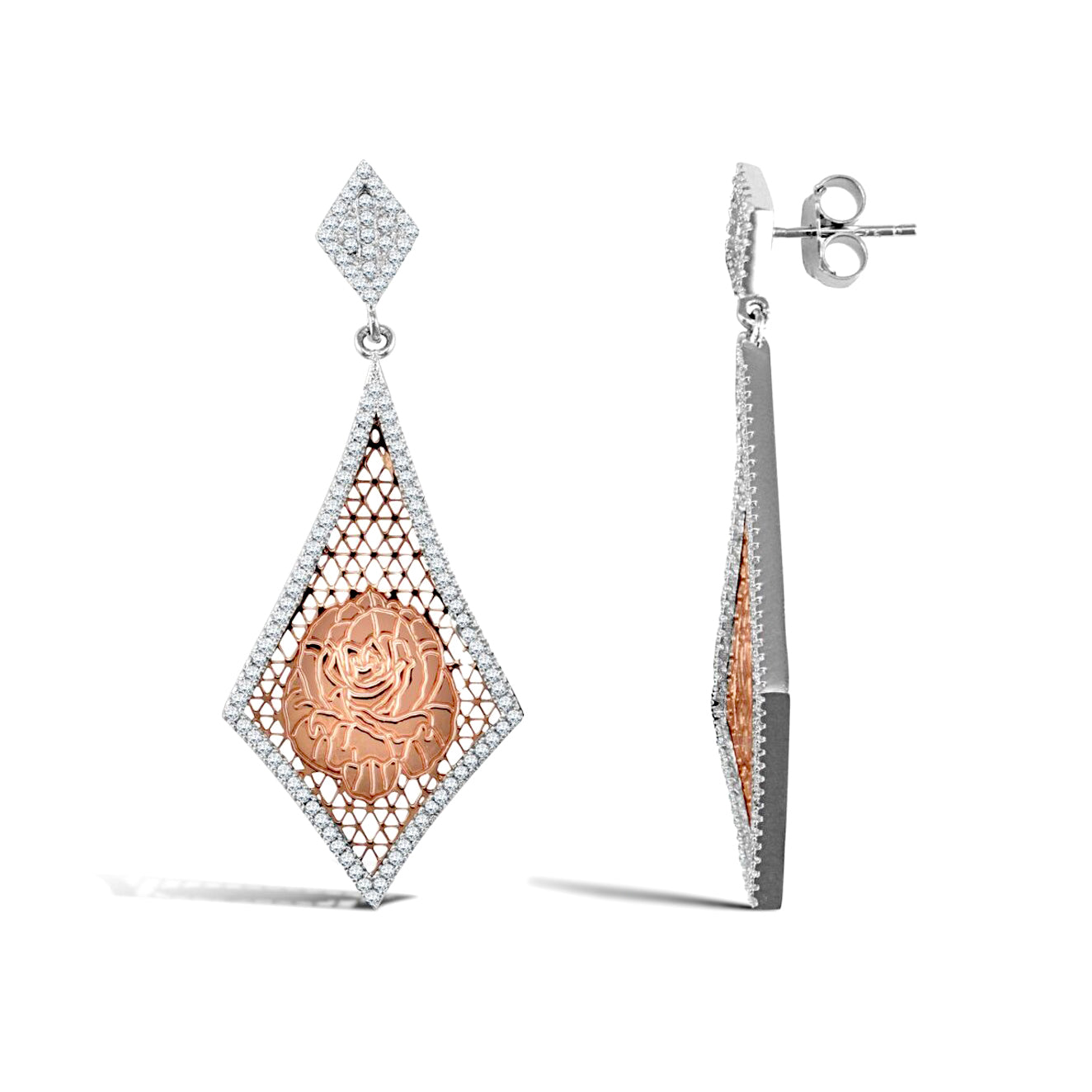 Silver  Rose Gold-Plated Micro Pave CZ Kite Shape Drop Earrings - AES112
