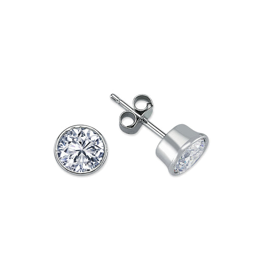 Womens Rhodium Plated Silver  CZ Solitaire Stud Earrings 7mm 8mm - AES113D
