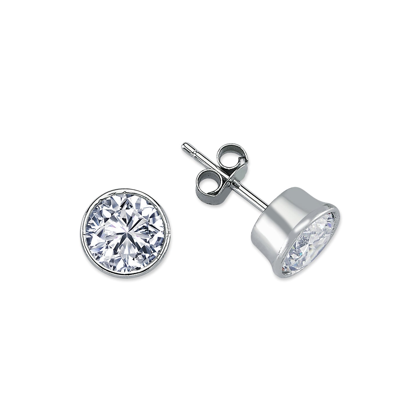 Womens Rhodium Plated Silver  CZ Solitaire Stud Earrings 8mm 9mm - AES113E