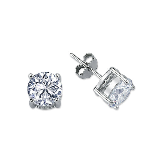 Womens Rhodium Plated Silver  CZ Solitaire Stud Earrings 8mm - AES114E