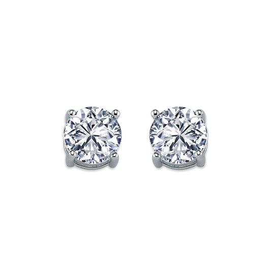 Womens Rhodium Plated Silver  CZ Solitaire Stud Earrings 8mm - AES114E