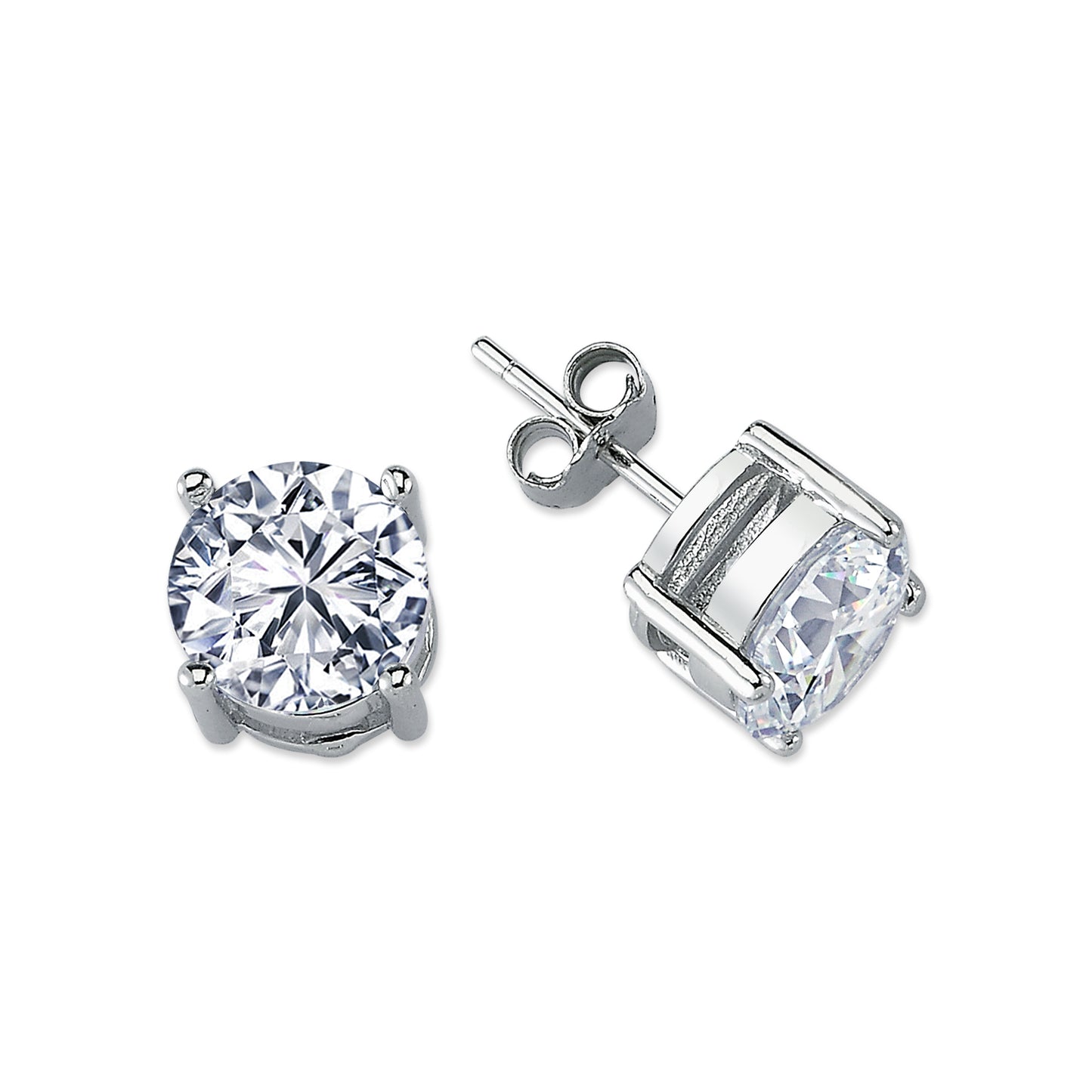 Womens Rhodium Plated Silver  CZ Solitaire Stud Earrings 9mm - AES114F