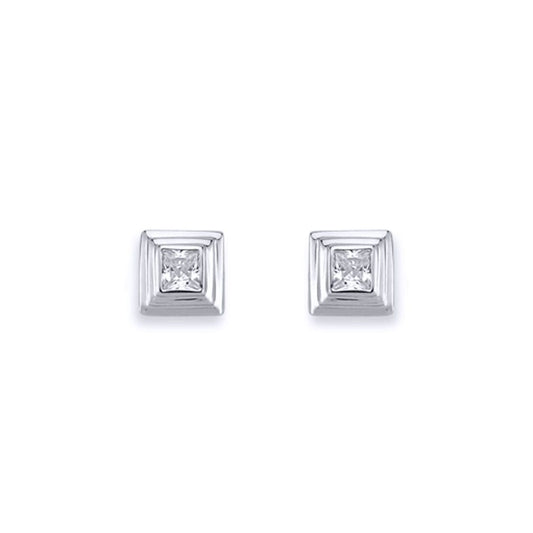 Silver 3-Tier Square Wedding Cake CZ Stud Earrings 3mm 6mm - AES116A