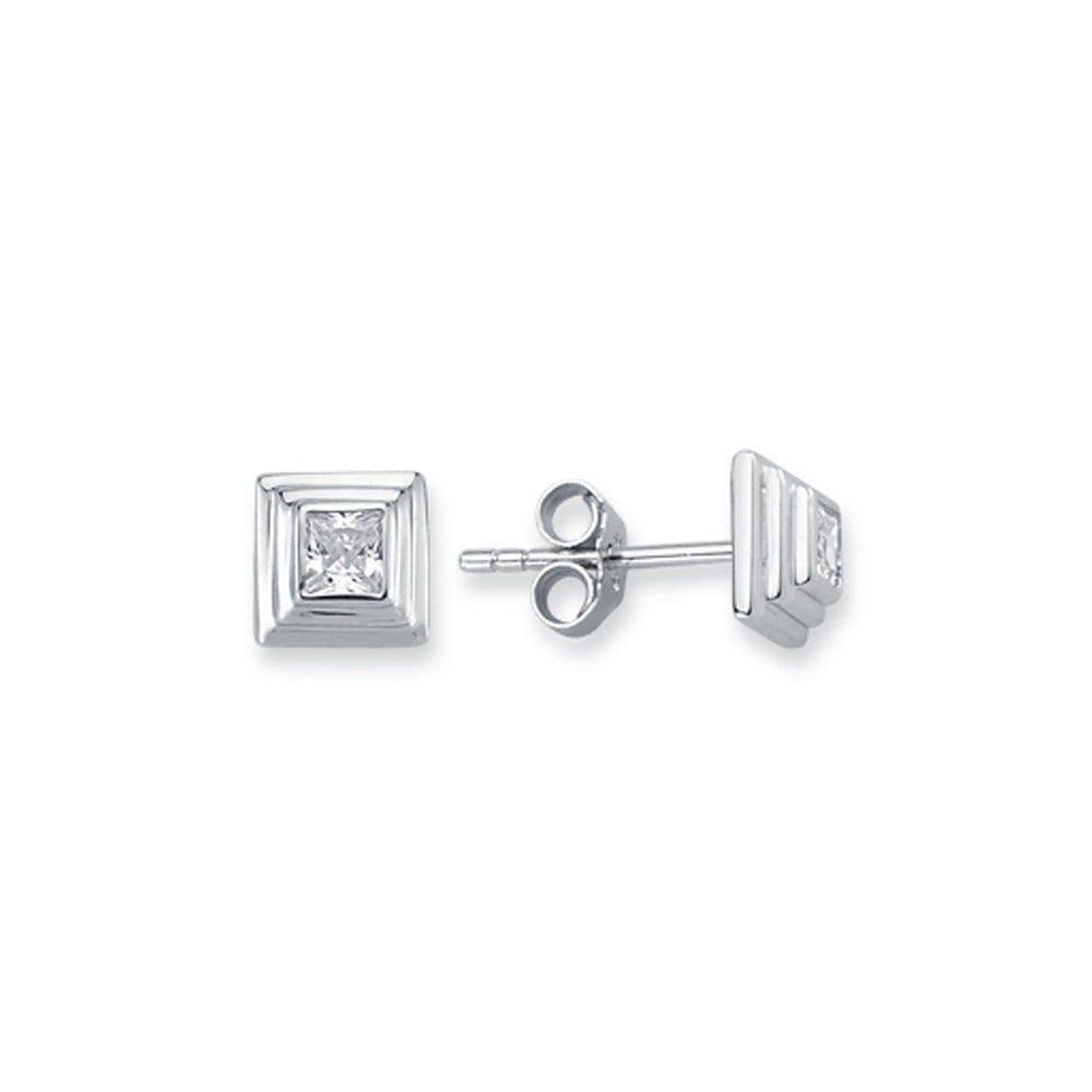 Silver  3-Tier Square Wedding Cake CZ Stud Earrings 3mm 6mm - AES116A