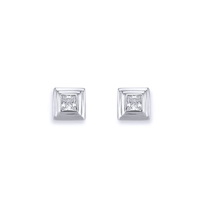 Silver  3-Tier Square Wedding Cake CZ Stud Earrings 3mm 6mm - AES116A