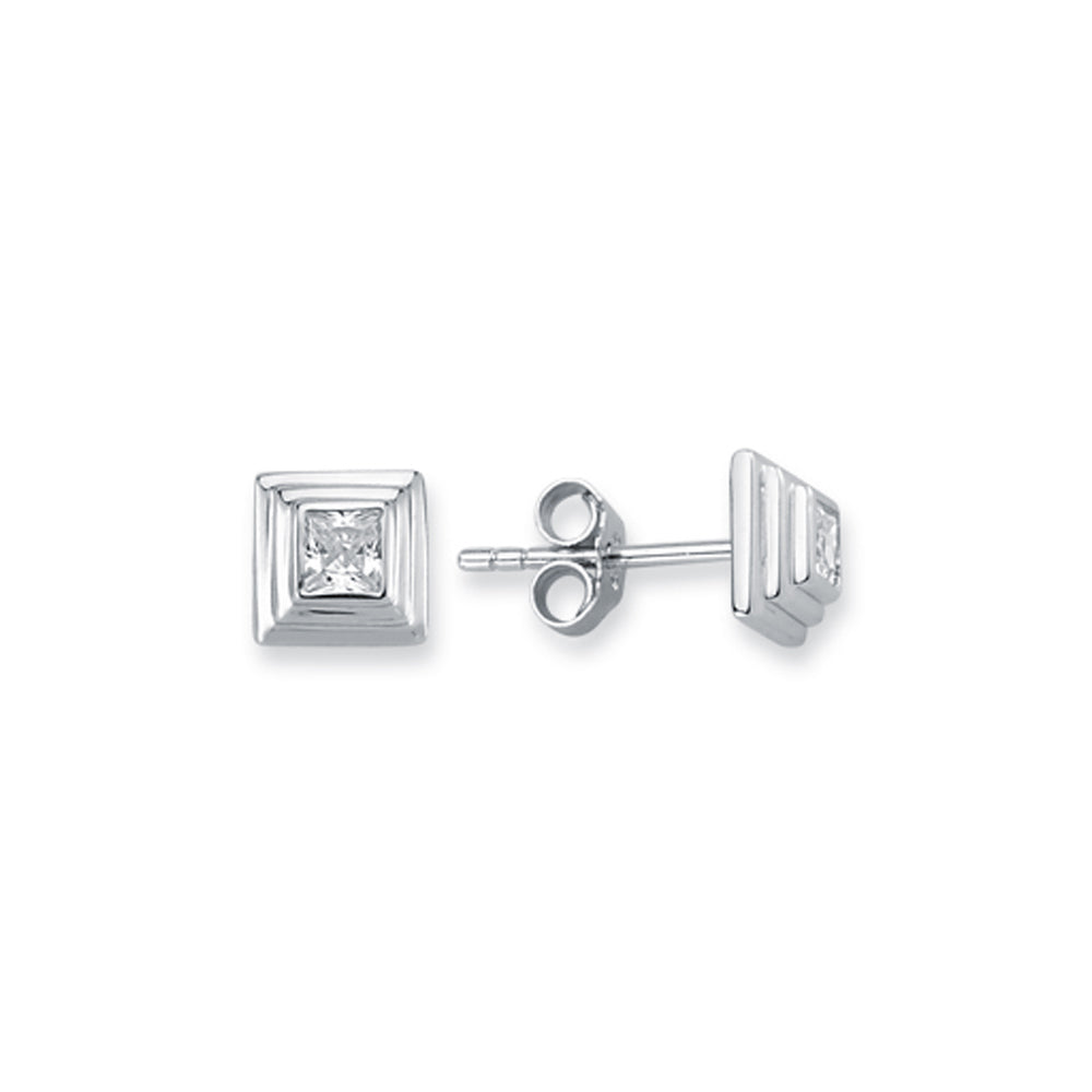 Silver  3-Tier Square Wedding Cake CZ Stud Earrings 4mm 7mm - AES116B