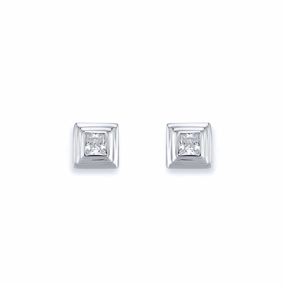 Silver  3-Tier Square Wedding Cake CZ Stud Earrings 4mm 7mm - AES116B