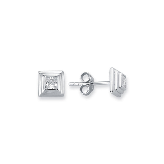 Silver  3-Tier Square Wedding Cake CZ Stud Earrings 5mm 8mm - AES116C
