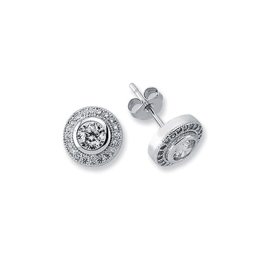 Womens Rhodium Plated Silver  Round CZ Halo Stud Earrings 5mm 9mm - AES117A