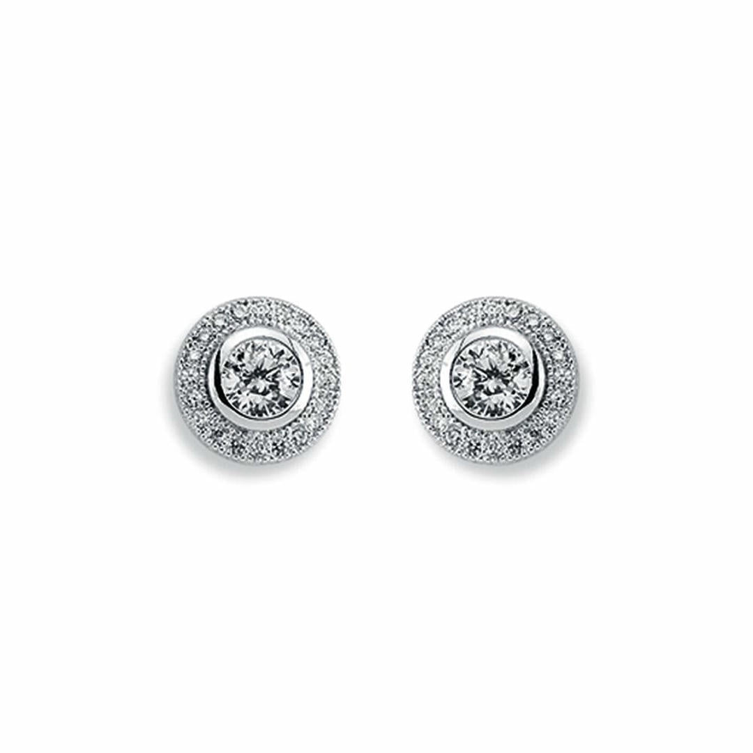 Womens Rhodium Plated Silver  Round CZ Halo Stud Earrings 5mm 9mm - AES117A