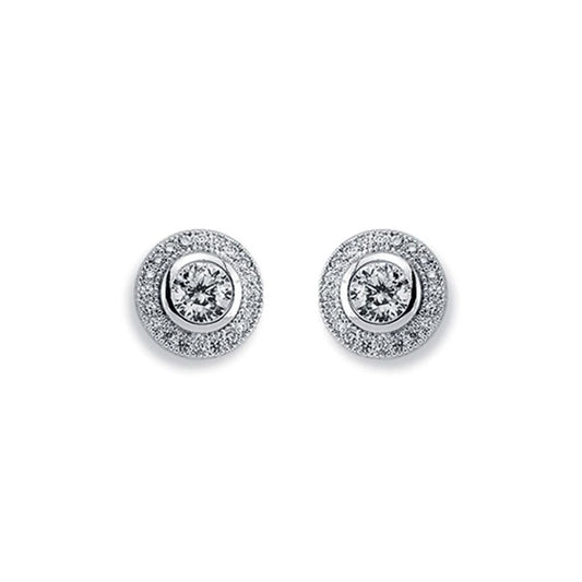 Womens Rhodium Plated Silver  Round CZ Halo Stud Earrings 5mm 9mm - AES117A