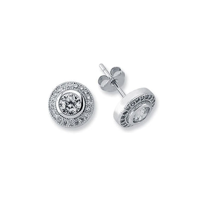 Womens Rhodium Plated Silver  Round CZ Halo Stud Earrings 5mm 9mm - AES117A