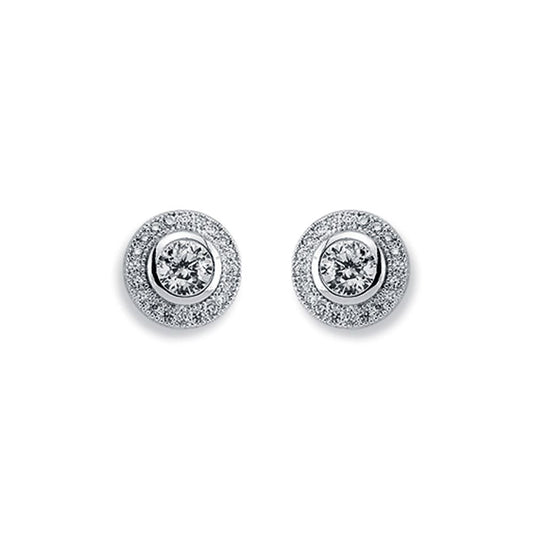Womens Rhodium Plated Silver  Round CZ Halo Stud Earrings 5mm 9mm - AES117A