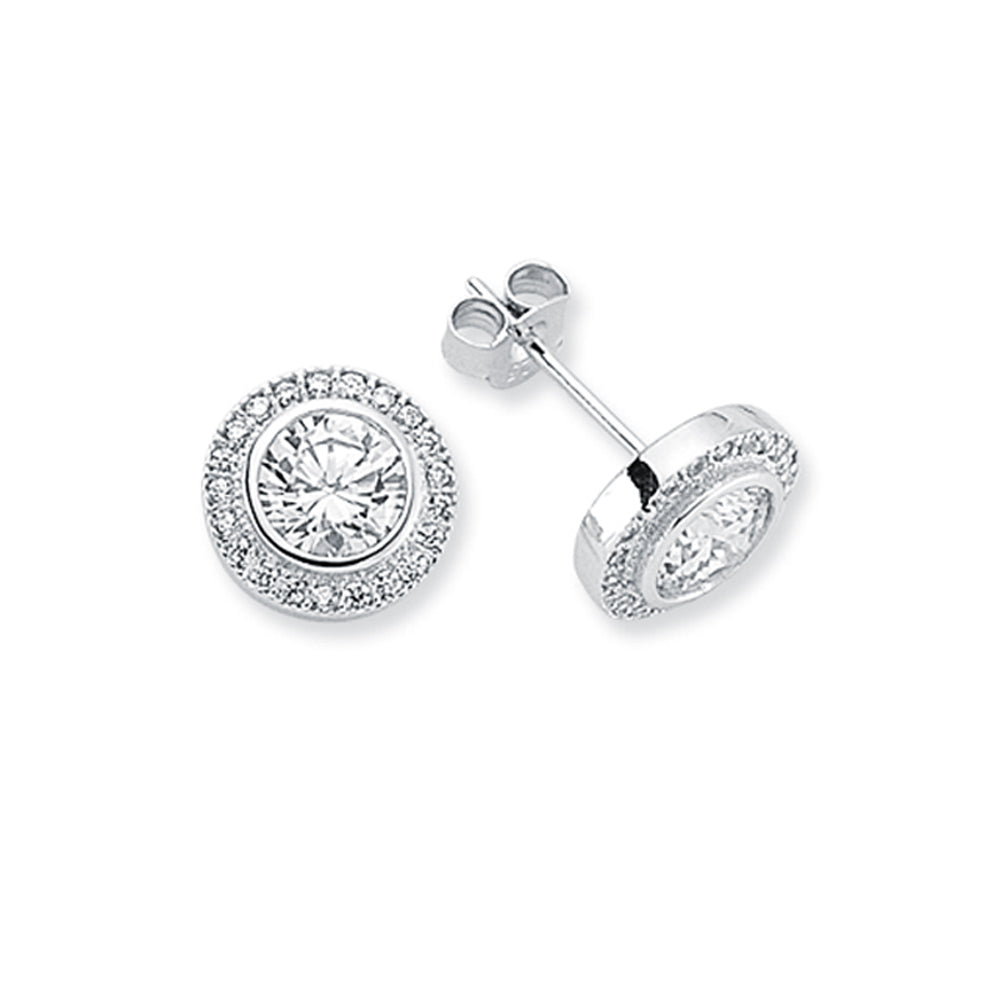 Womens Rhodium Plated Silver  CZ Halo Stud Earrings 6mm 10mm - AES117B