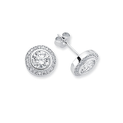 Womens Rhodium Plated Silver  CZ Halo Stud Earrings 6mm 10mm - AES117B