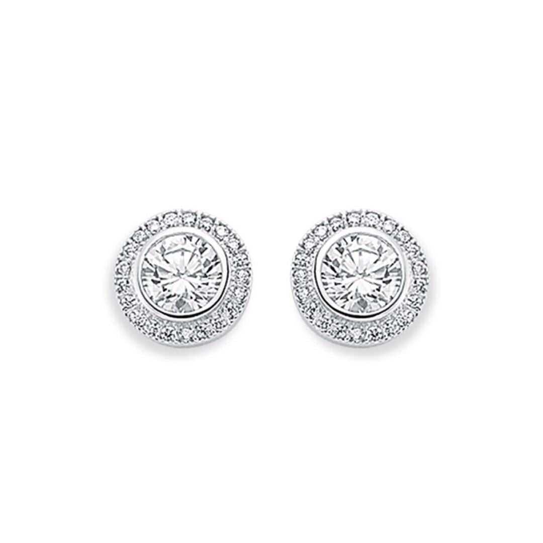 Womens Rhodium Plated Silver  CZ Halo Stud Earrings 6mm 10mm - AES117B