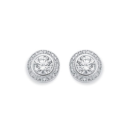Womens Rhodium Plated Silver  CZ Halo Stud Earrings 6mm 10mm - AES117B