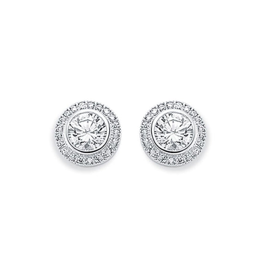 Womens Rhodium Plated Silver  CZ Halo Stud Earrings 6mm 10mm - AES117B