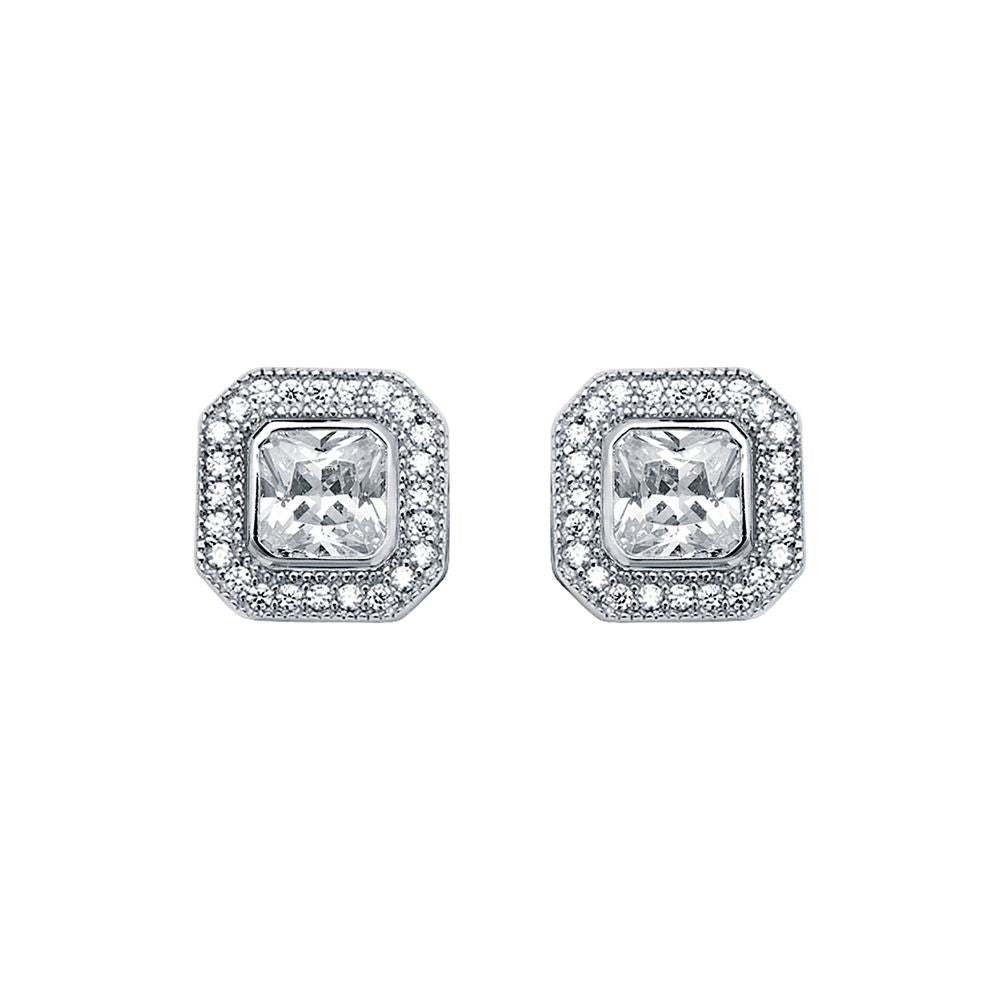 Womens Rhodium Silver  Square CZ Halo Stud Earrings 5mm 9mm - AES118