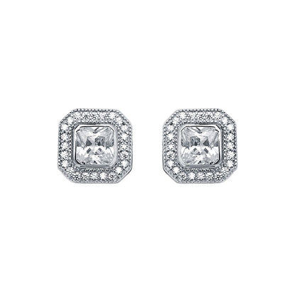 Womens Rhodium Silver  Square CZ Halo Stud Earrings 5mm 9mm - AES118