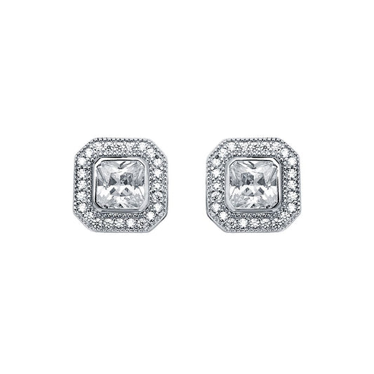 Womens Rhodium Silver  Square CZ Halo Stud Earrings 5mm 9mm - AES118