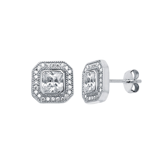 Womens Rhodium Silver  Square CZ Halo Stud Earrings 5mm 9mm - AES118