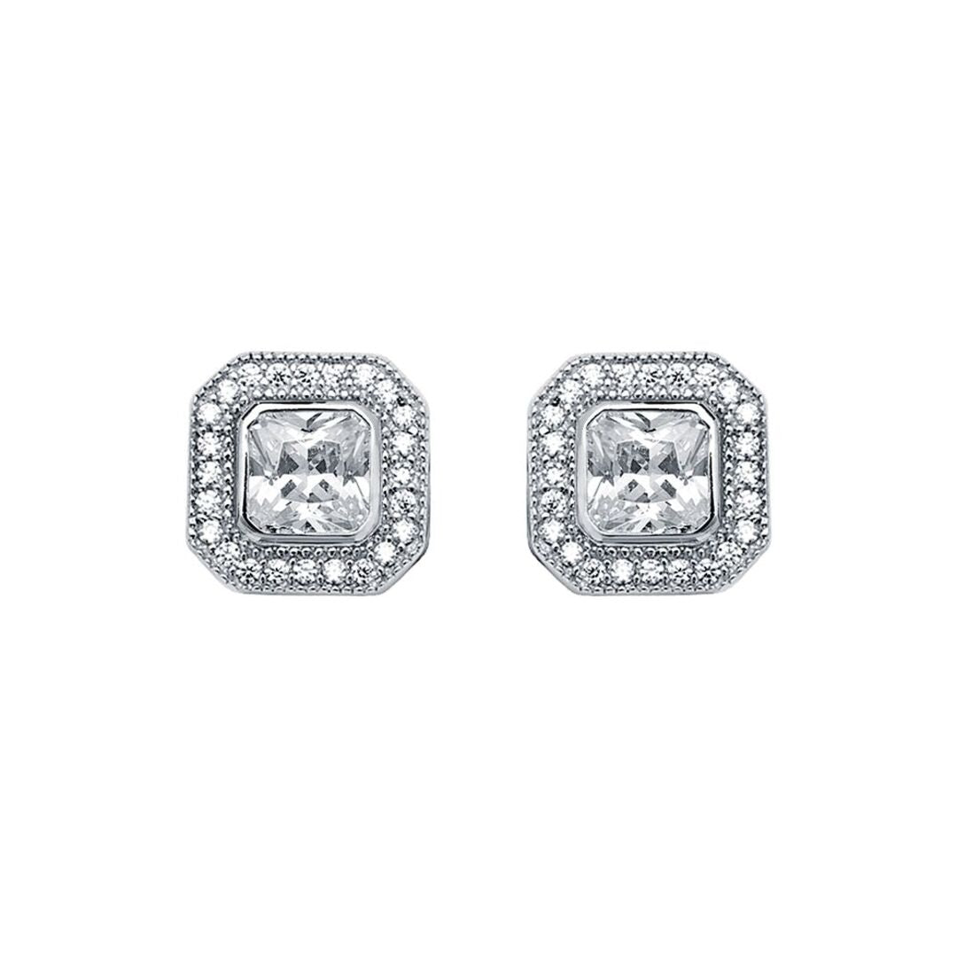 Womens Rhodium Silver  Square CZ Halo Stud Earrings 5mm 9mm - AES118