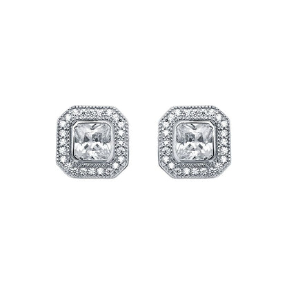 Womens Rhodium Silver  Square CZ Halo Stud Earrings 5mm 9mm - AES118