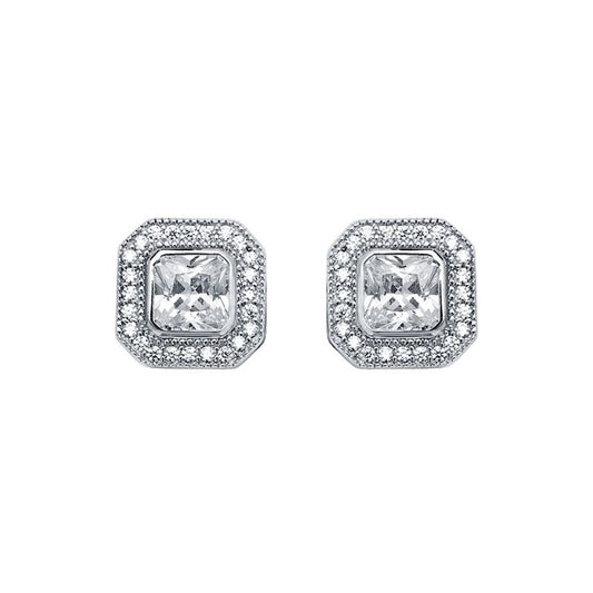 Womens Rhodium Silver  Square CZ Halo Stud Earrings 5mm 9mm - AES118