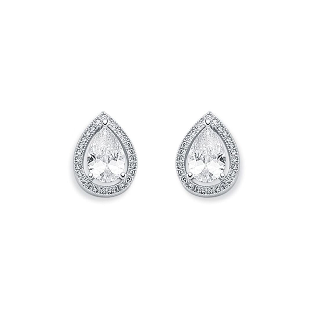 Womens Rhodium Silver  Pear CZ Halo Stud Earrings 6x9mm 10mm - AES119A