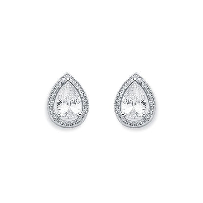 Womens Rhodium Silver  Pear CZ Halo Stud Earrings 6x9mm 10mm - AES119A