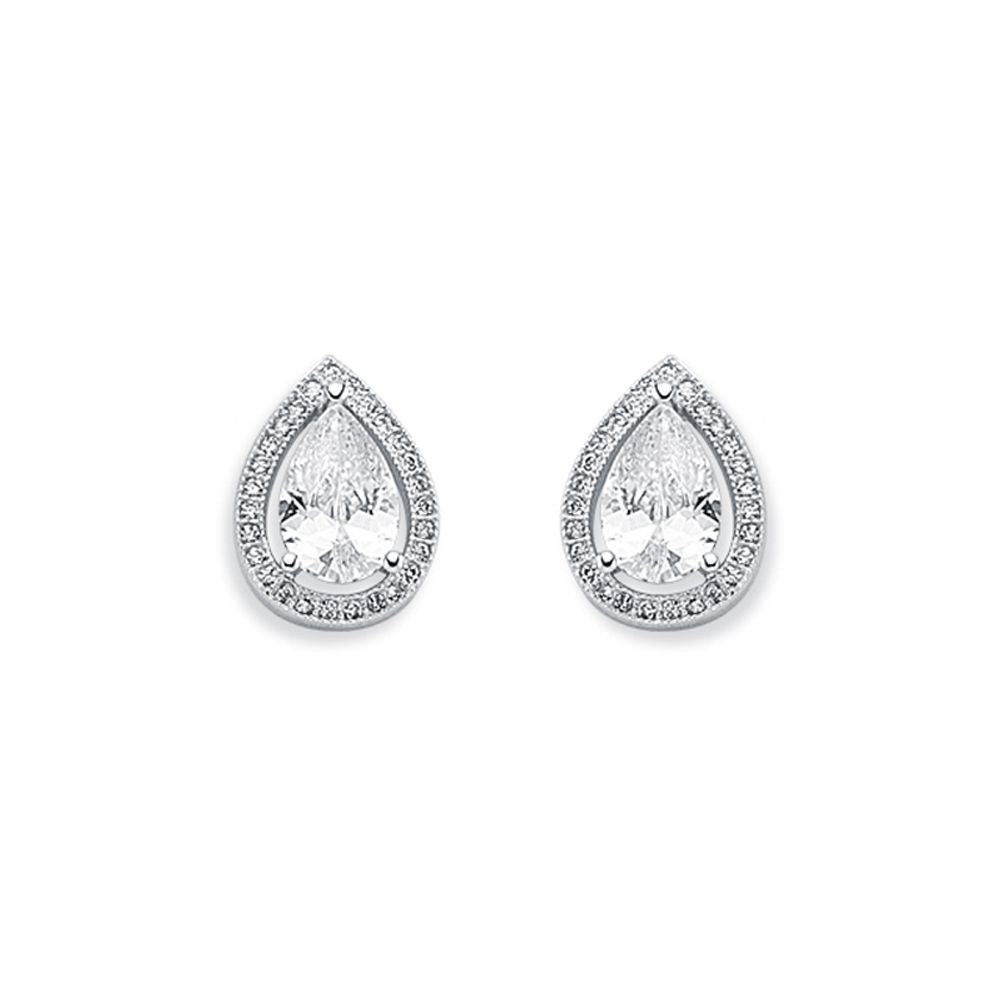Womens Rhodium Silver  Pear CZ Halo Stud Earrings 6x9mm 10mm - AES119A