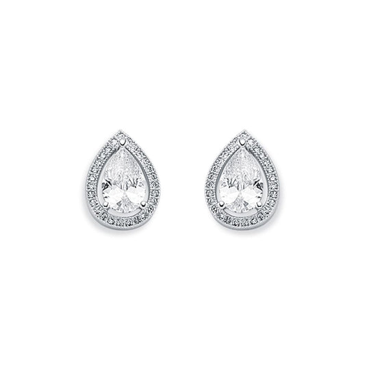Womens Rhodium Silver  Pear CZ Halo Stud Earrings 6x9mm 10mm - AES119A