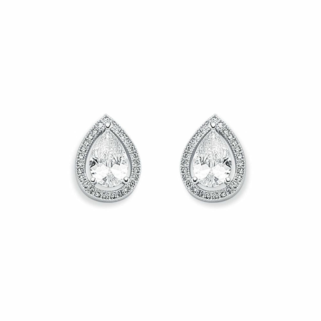 Womens Rhodium Silver  Pear CZ Halo Stud Earrings 6x9mm 10mm - AES119A